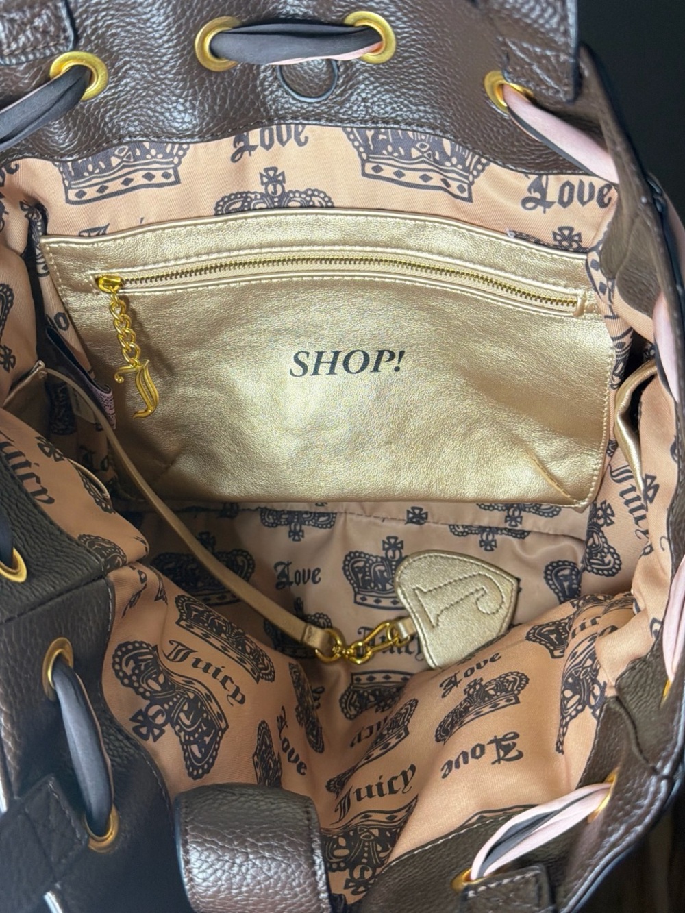 Juicy Couture Pink and Brown Velour Tote with Crest Charm - Picture 3 of 3